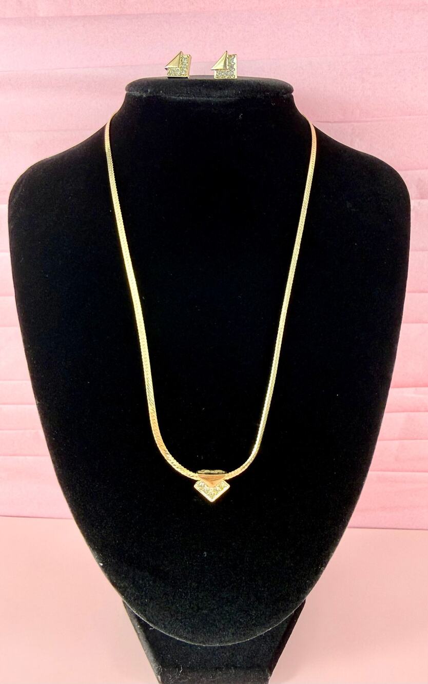Vintage Avon Gold Tone Geometric Rhinestones Necklace and Earring Set